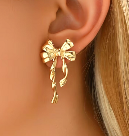 ​Gold Bow Stud Earrings Stainless Steel Tarnish Resistant Ribbon Drop Gift 3cm