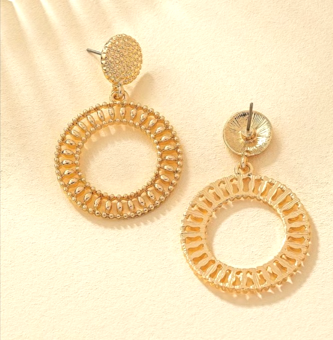 Gold Textured Hoop Earrings Large Hollow Round Dangle Geometric Statement Gift