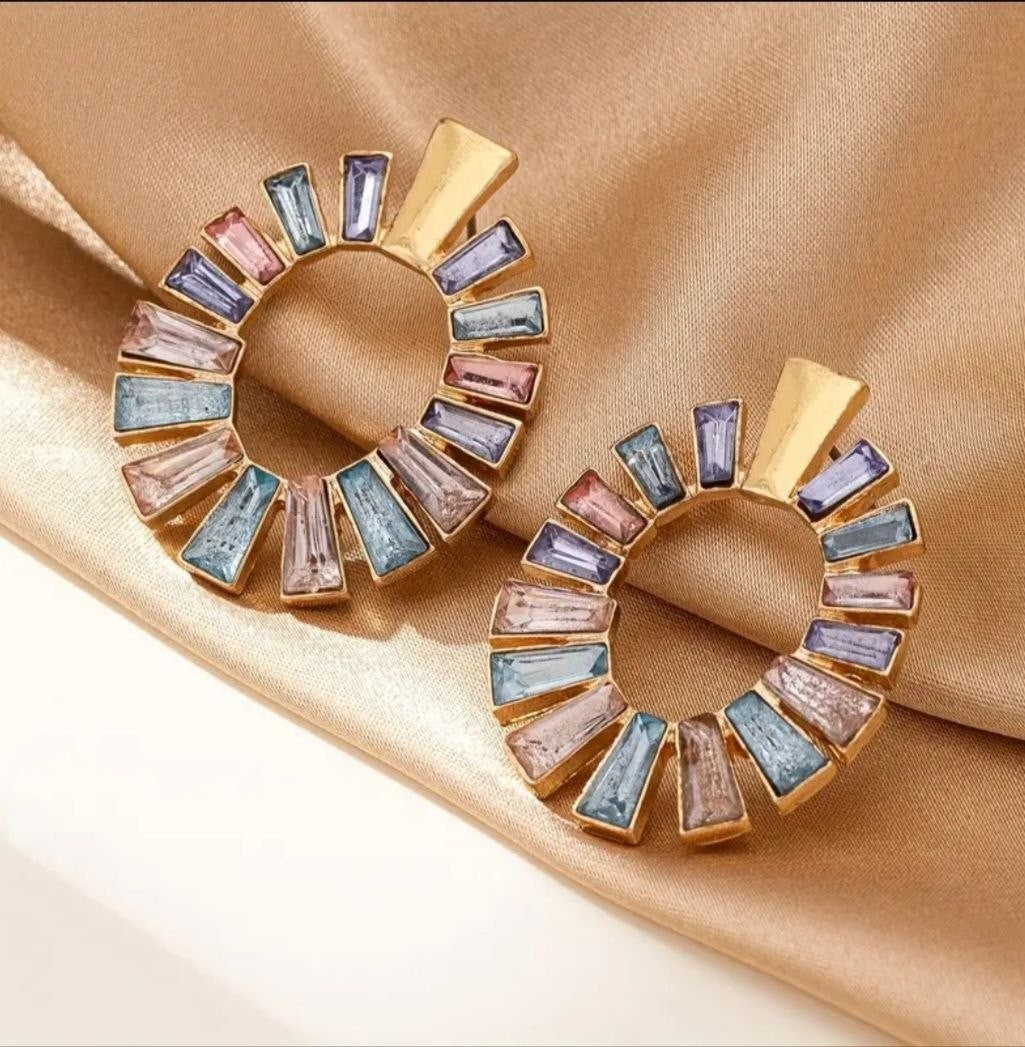 GoldTone Sunburst Circle Earrings Pastel Baguette Crystal Statement Boho Vintage