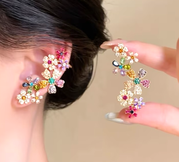 Colorful Crystal Flower Ear Cuff Earrings Full Ear Climber Clip On Statement Par