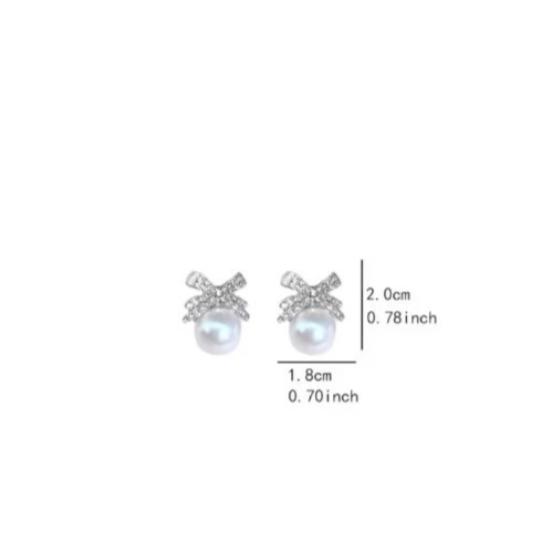 Silver Bow Pearl Earrings Rhinestone Crystal Ribbon Studs Wedding Bridal Gift