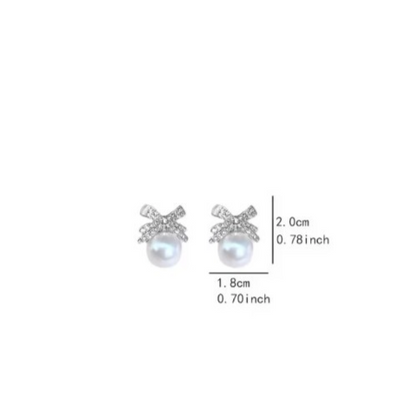 Silver Bow Pearl Earrings Rhinestone Crystal Ribbon Studs Wedding Bridal Gift