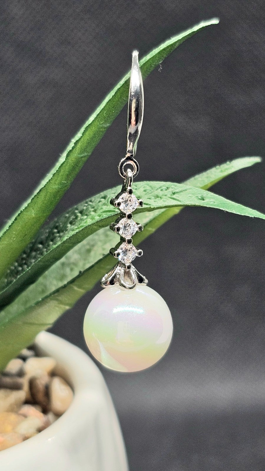 Silver Crystal White Pearl Drop Earrings Dangle Bridal Wedding Elegant Jewelry