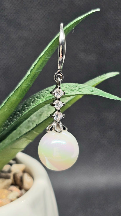 Silver Crystal White Pearl Drop Earrings Dangle Bridal Wedding Elegant Jewelry