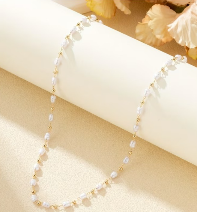 Dainty Pearl & Gold Bead Chain Choker Necklace Women Minimalist Clavicle Layerin
