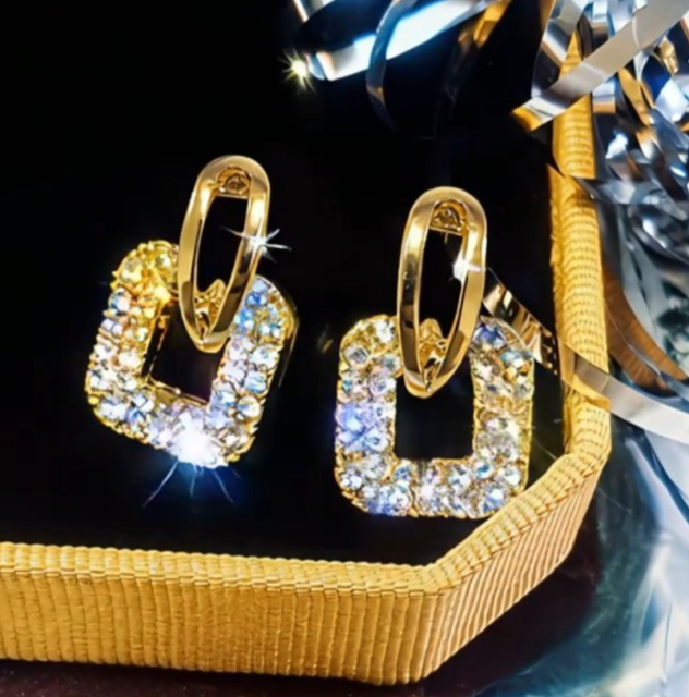 ​Gold Square Stud Earrings Sparkling Rhinestone Geometric Drop Retro Jewelry