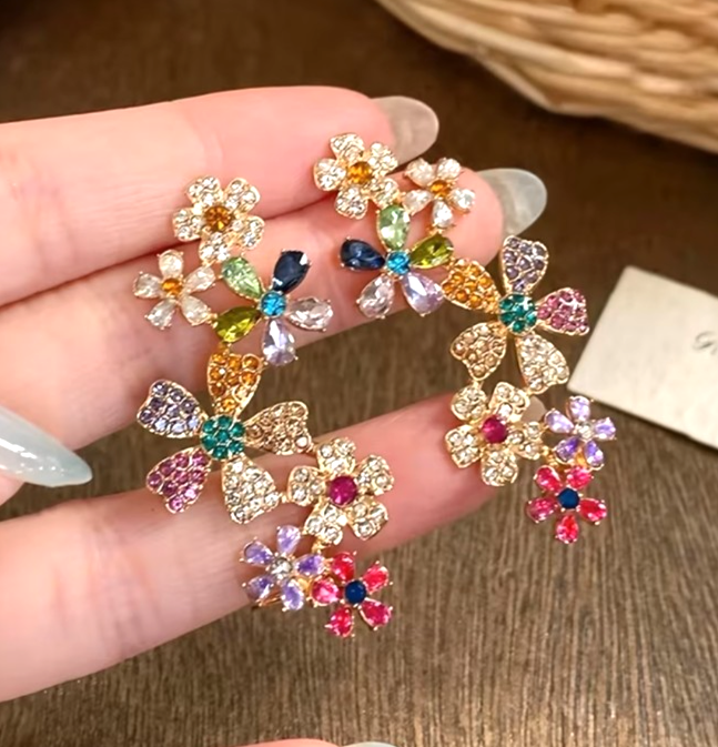 Colorful Crystal Flower Ear Cuff Earrings Full Ear Climber Clip On Statement Par
