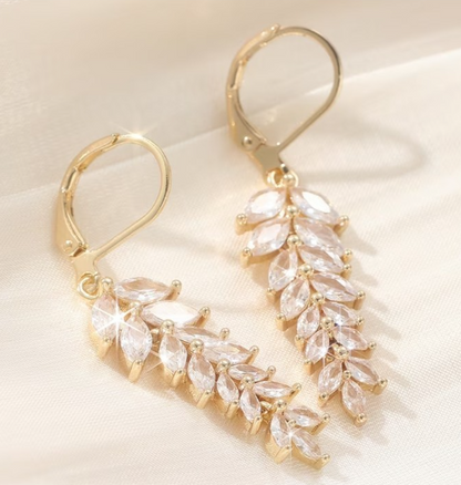 Gold Leaf Dangle Earrings Cubic Zirconia Marquise Drop Bridal Wedding Jewelry