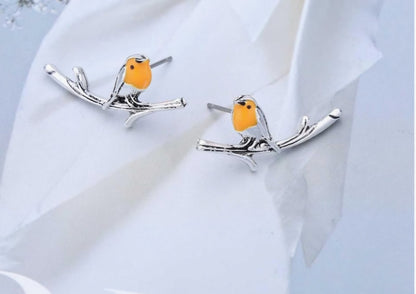 ​Silver Robin Bird Stud Earrings Redbreast Climber Ear Crawlers Cute Wildlife