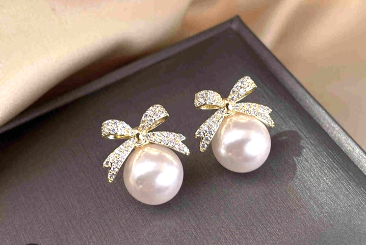 ​Gold Ribbon Bow Stud Earrings Pearl Drop Cubic Zirconia Dainty Coquette Gift