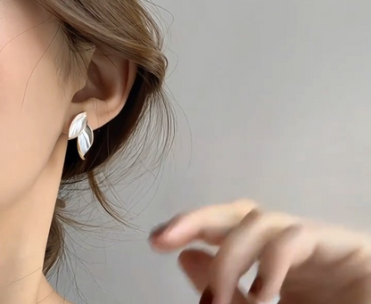 ​Gold Enamel Leaf Earrings Minimalist Contrasting Grey White Plant Studs Gift