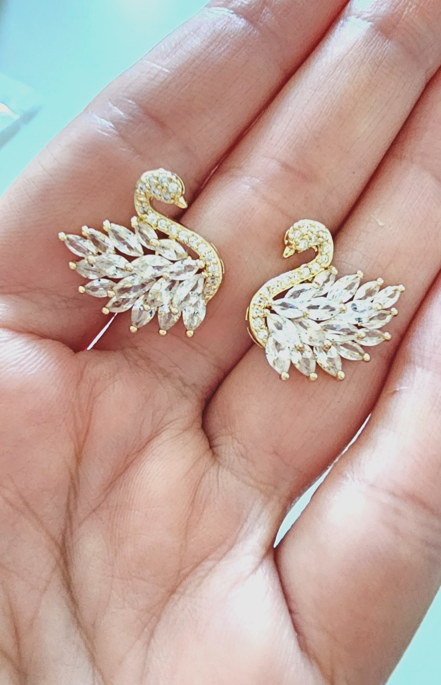 Sparkly Gold Tone Swan Crystal Stud Earrings Elegant Statement Bridal Gift