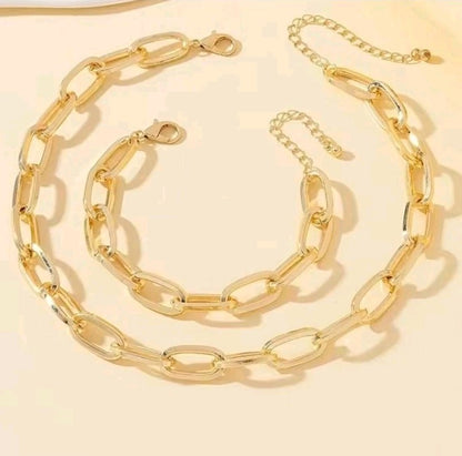 ​Gold Chunky Chain Necklace Bracelet Set Oval Link Choker Matching Jewelry Gift