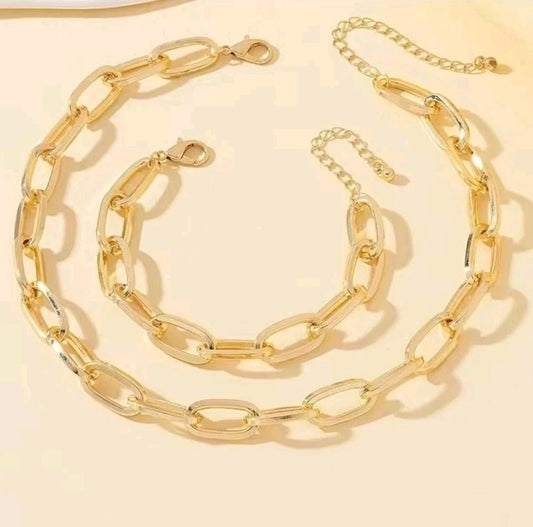 ​Gold Chunky Chain Necklace Bracelet Set Oval Link Choker Matching Jewelry Gift