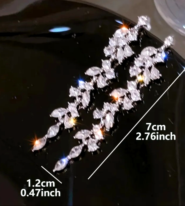 Silver Tone Crystal Leaf Drop Earrings Long Dangle Bridal Wedding Prom Diamante