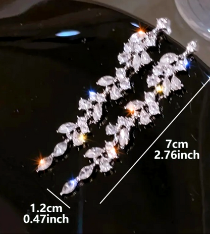 Silver Tone Crystal Leaf Drop Earrings Long Dangle Bridal Wedding Prom Diamante