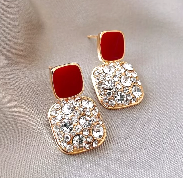 ​Gold Square Drop Earrings White Enamel Rhinestone Geometric Vintage Dangle Gift