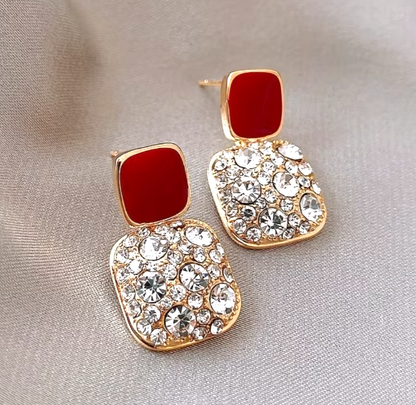​Gold Square Drop Earrings White Enamel Rhinestone Geometric Vintage Dangle Gift