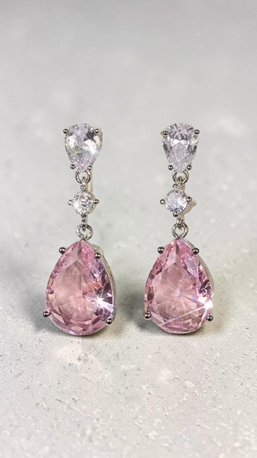 Pink Tear Drop Earrings Silver Crystal Dangle Pear Cut Bridal Wedding Prom Gift