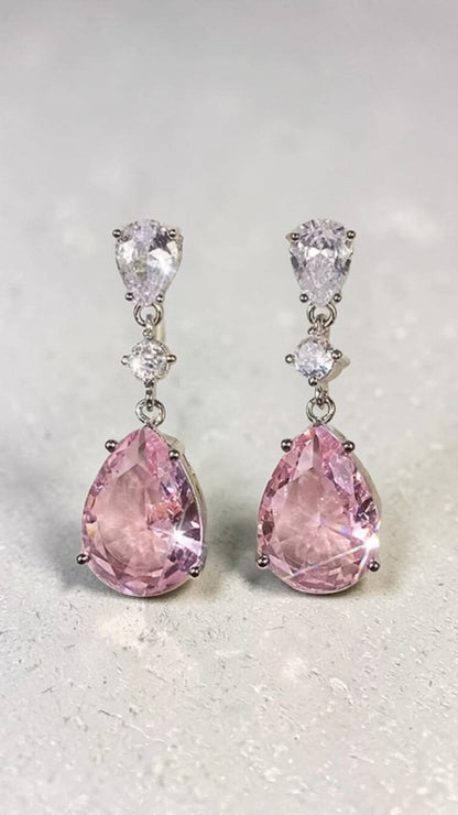 Pink Tear Drop Earrings Silver Crystal Dangle Pear Cut Bridal Wedding Prom Gift