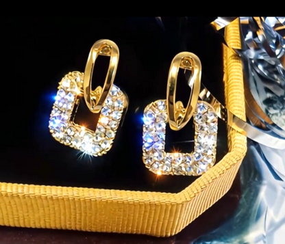 ​Gold Square Stud Earrings Sparkling Rhinestone Geometric Drop Retro Jewelry