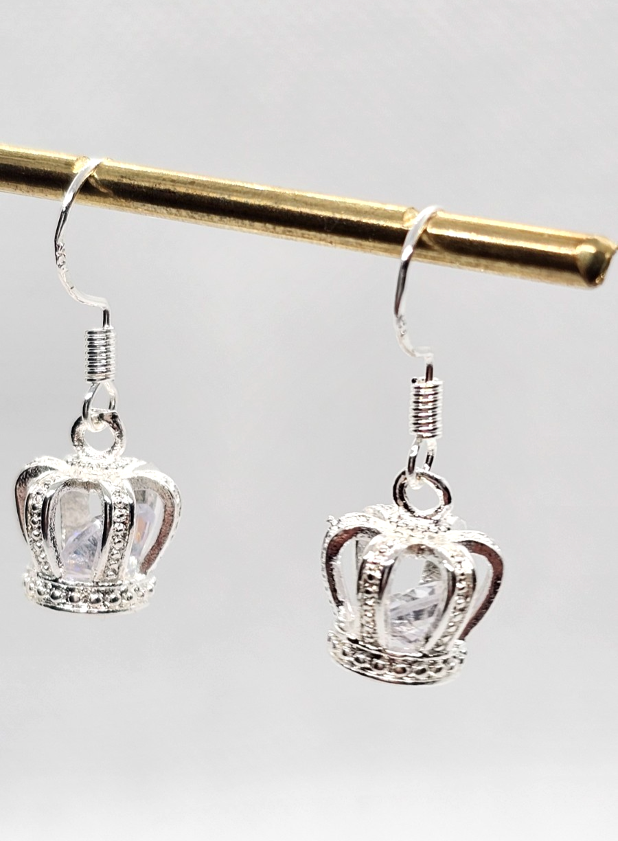 Silver Crown Drop Earrings • Sparkly Gemstone • Princess Style • Gift for Her