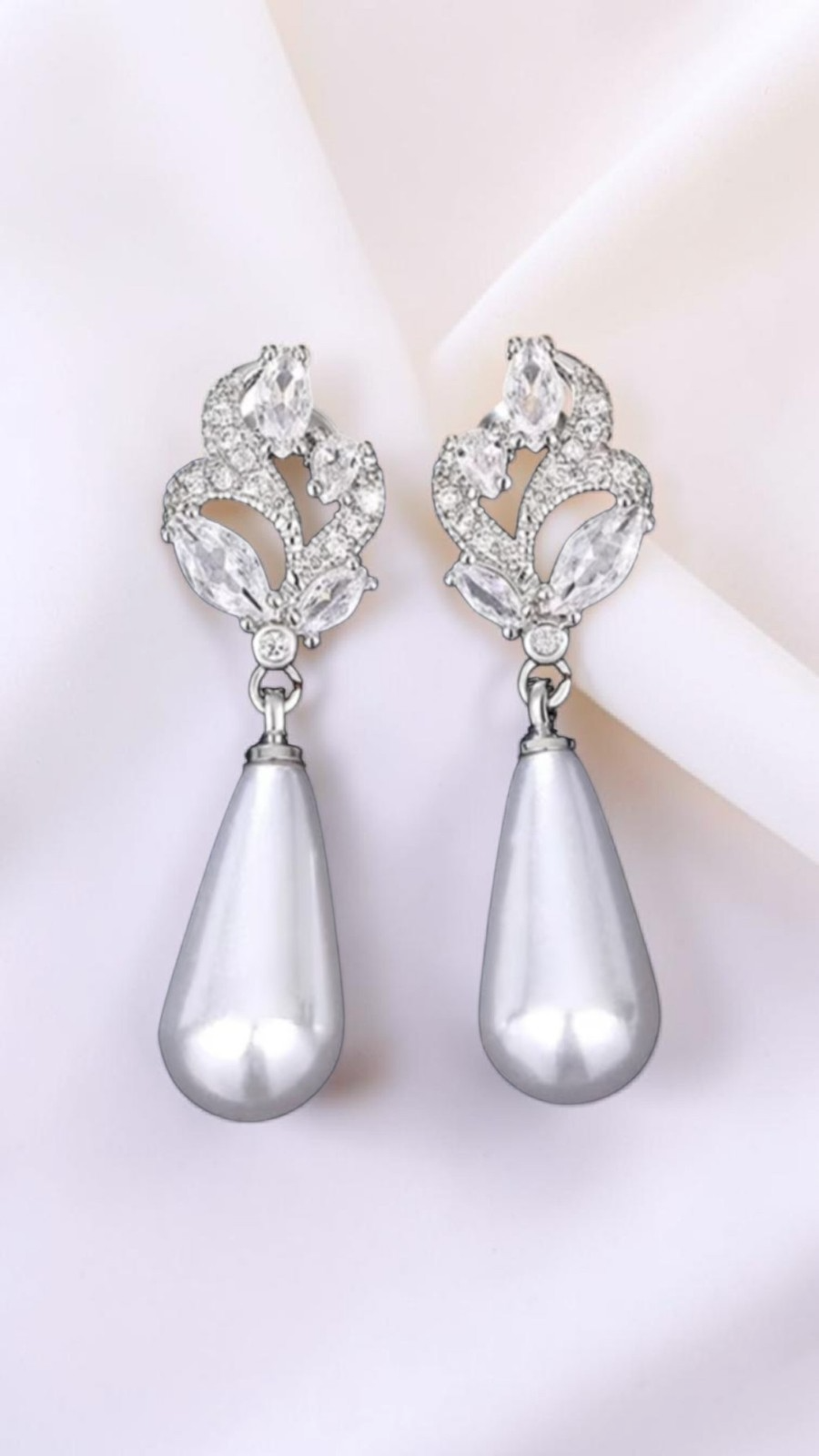 ​Silver Pearl Drop Earrings Bridal Crystal Marquise Flower Wedding Teardrop Gift