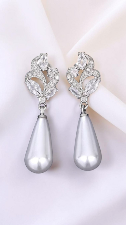 ​Silver Pearl Drop Earrings Bridal Crystal Marquise Flower Wedding Teardrop Gift