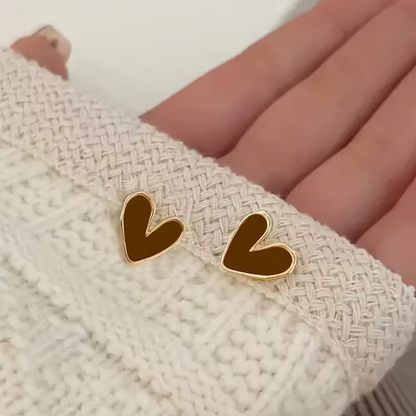 Brown Heart Stud Earrings Gold Tone Irregular Enamel Jewellery Gift