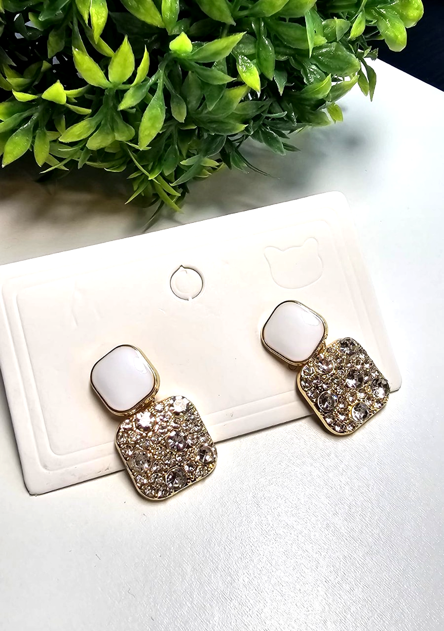 ​Gold Square Drop Earrings White Enamel Rhinestone Geometric Vintage Dangle Gift