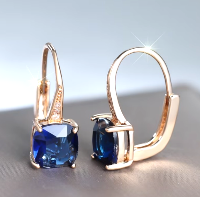 Gold Blue Sapphire Drop Earrings Cushion Cut Leverback Cushion Dangle UK