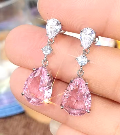 Pink Tear Drop Earrings Silver Crystal Dangle Pear Cut Bridal Wedding Prom Gift