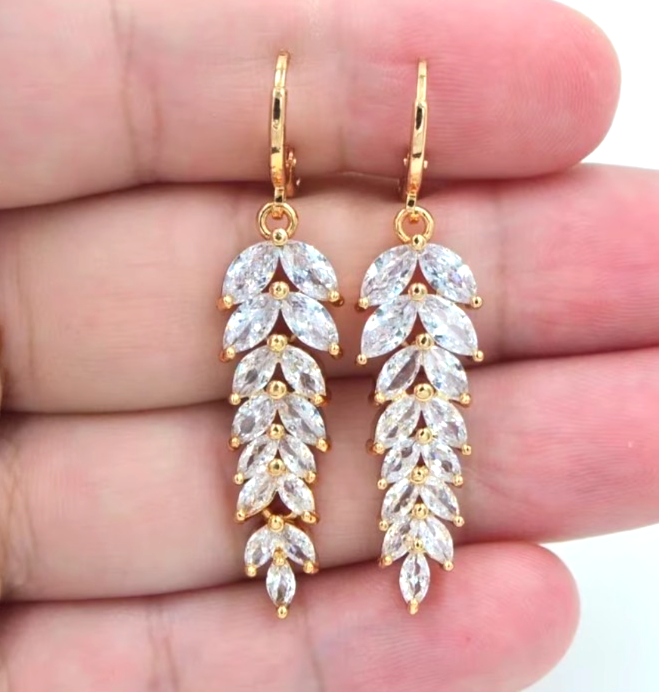 Gold Leaf Dangle Earrings Cubic Zirconia Marquise Drop Bridal Wedding Jewelry
