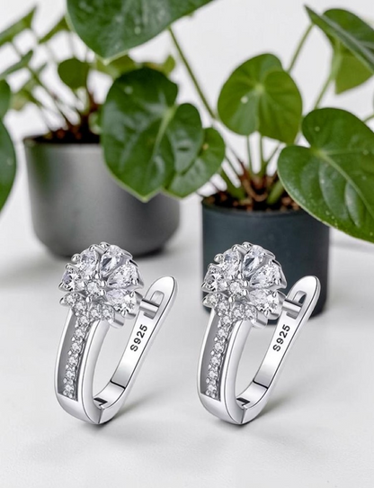 925 Sterling Silver Flower Hoop Earrings Cubic Zirconia Floral Dangle CZ Lever