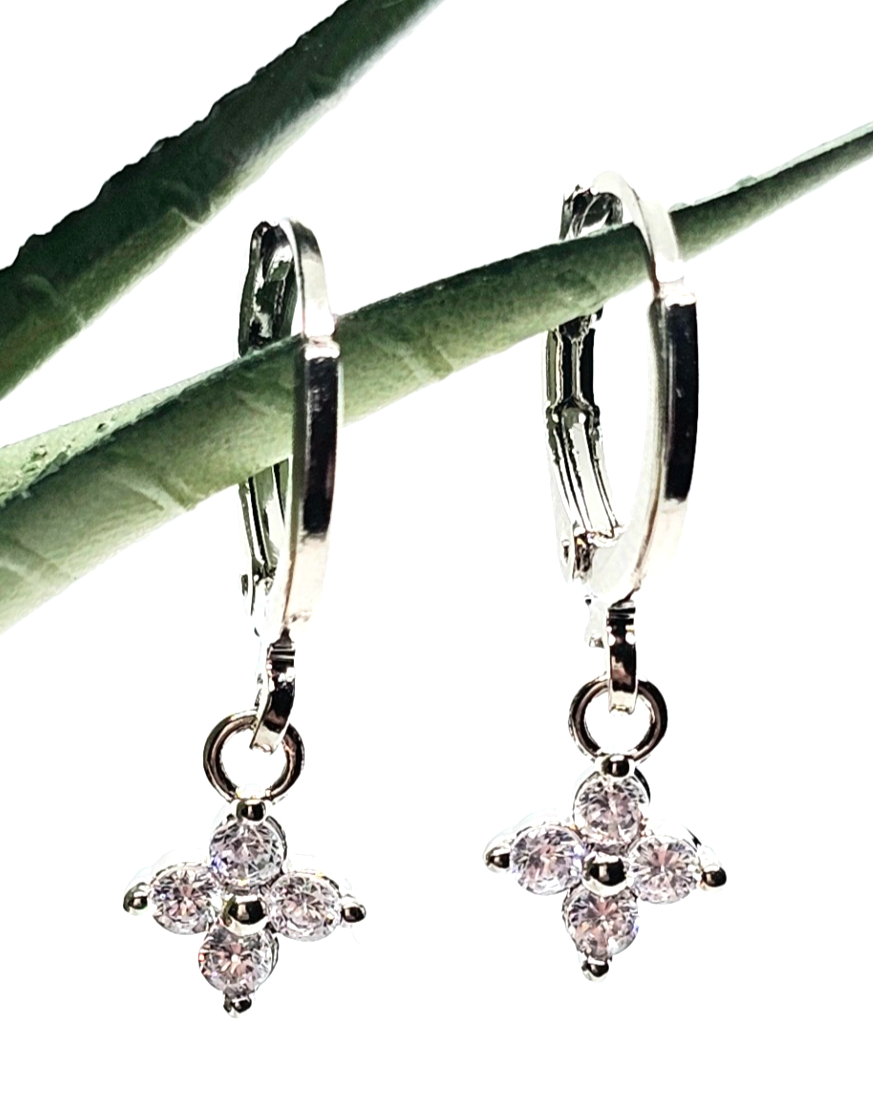 Silver Tone Flower Drop Hoop Earrings Crystal Dangle Floral Earrings Minimalist
