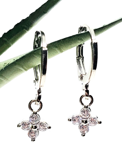 Silver Tone Flower Drop Hoop Earrings Crystal Dangle Floral Earrings Minimalist