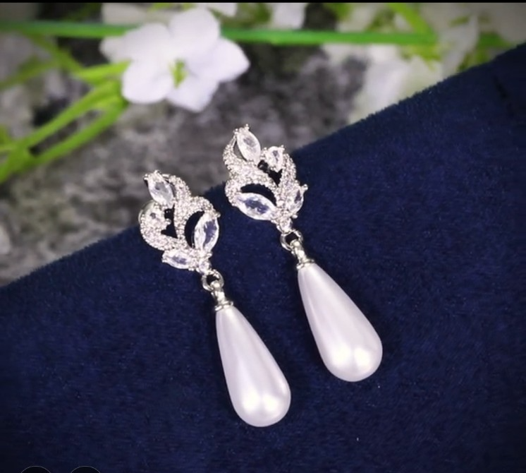 ​Silver Pearl Drop Earrings Bridal Crystal Marquise Flower Wedding Teardrop Gift