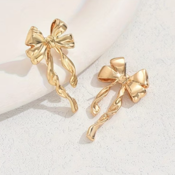 ​Gold Bow Stud Earrings Stainless Steel Tarnish Resistant Ribbon Drop Gift 3cm