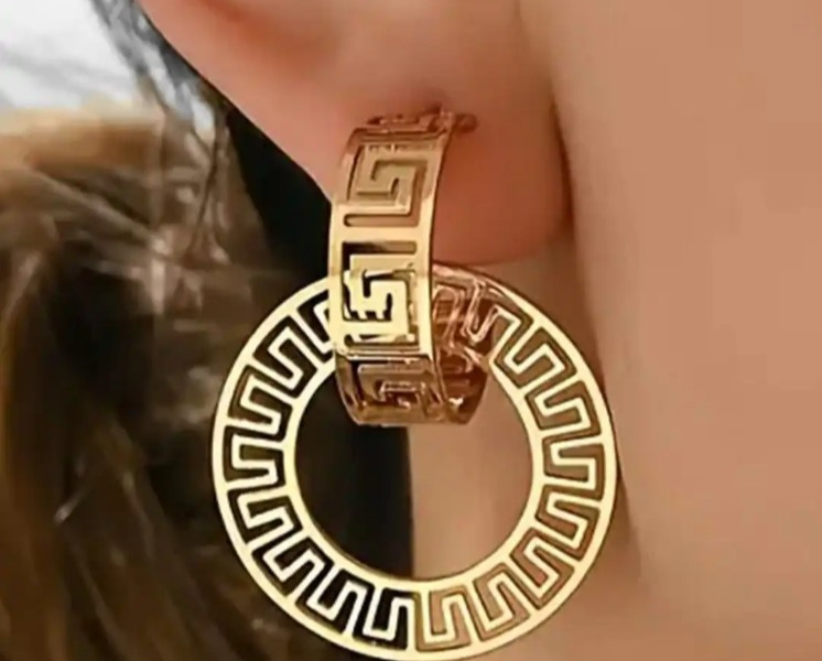 ​Gold Greek Key Earrings Geometric Circular Hoop Drop Dangle Cutout Statement