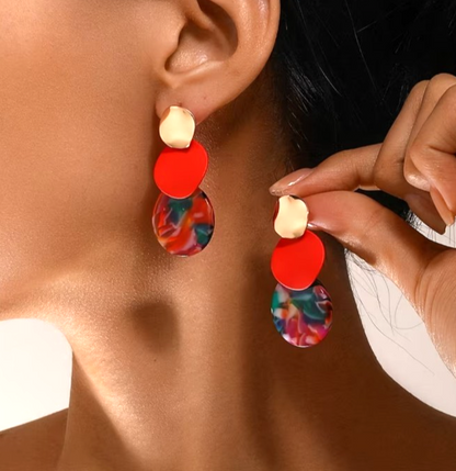 ​Gold Plated Acrylic Resin Drop Earrings Tortoiseshell Red Geometric Statement U