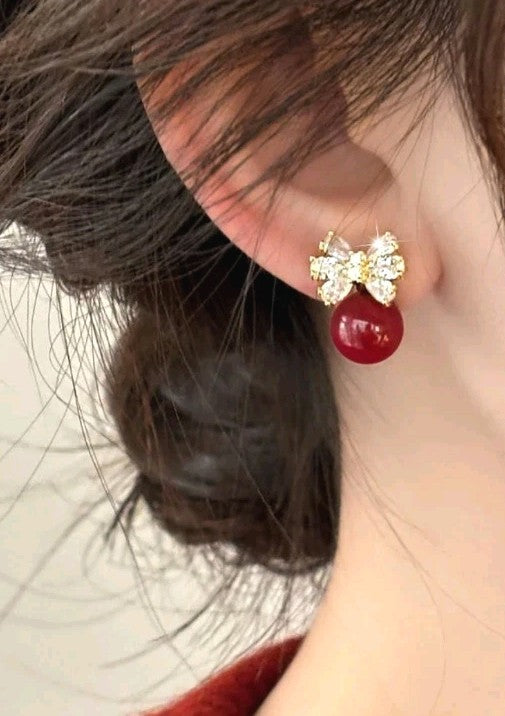 Gold Red Pearl Bow Drop Earrings Crystal Marquise Rhinestone Ribbon Studs Gift