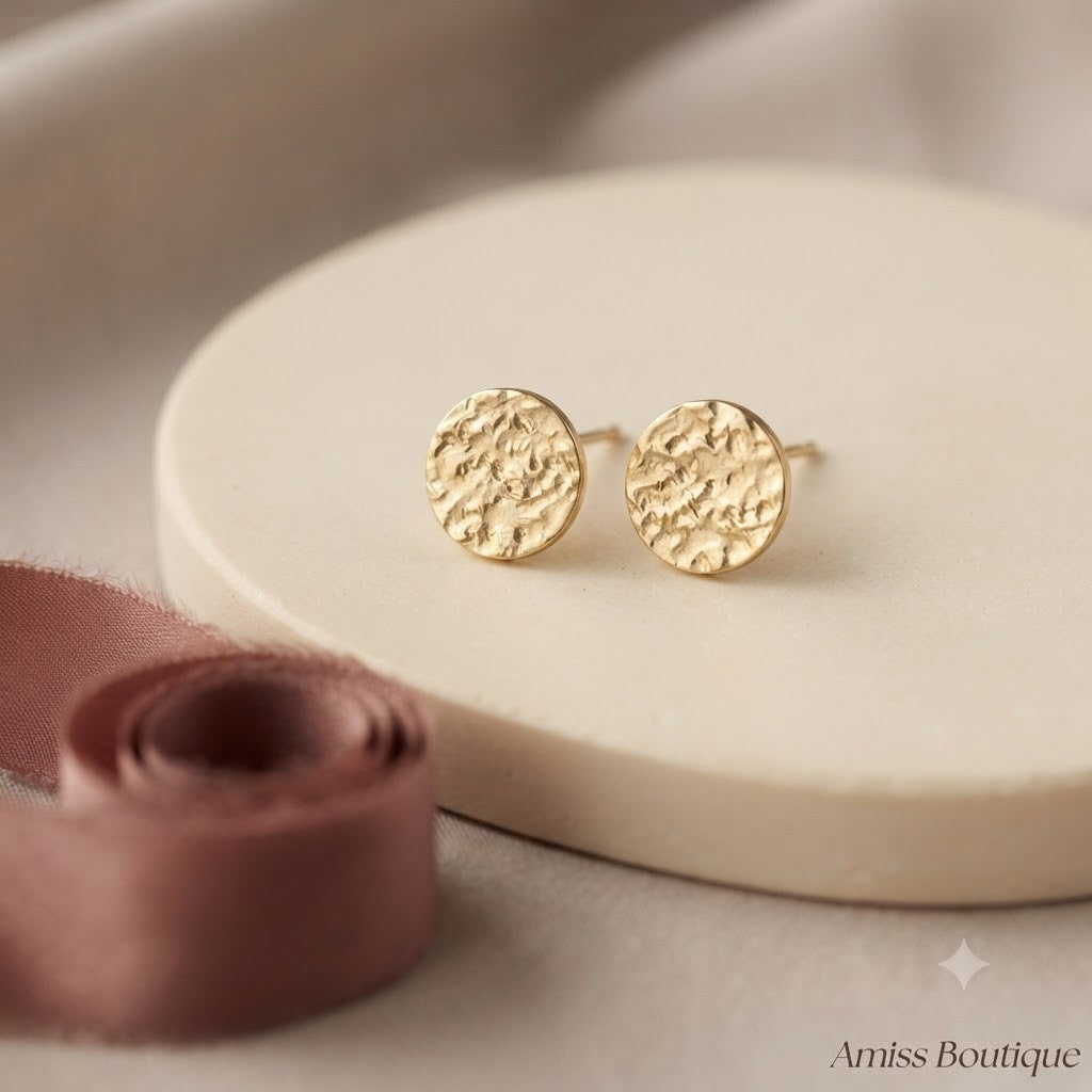Gold Textured Round Stud Earrings Hammered Disc Circle Studs Womens Jewellery