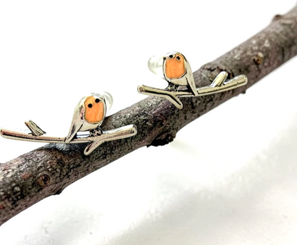 ​Silver Robin Bird Stud Earrings Redbreast Climber Ear Crawlers Cute Wildlife