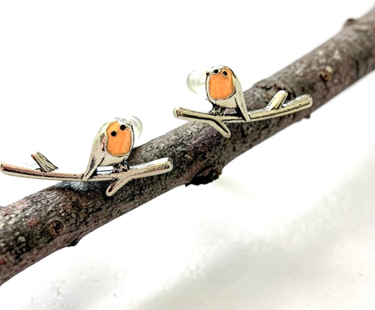 ​Silver Robin Bird Stud Earrings Redbreast Climber Ear Crawlers Cute Wildlife