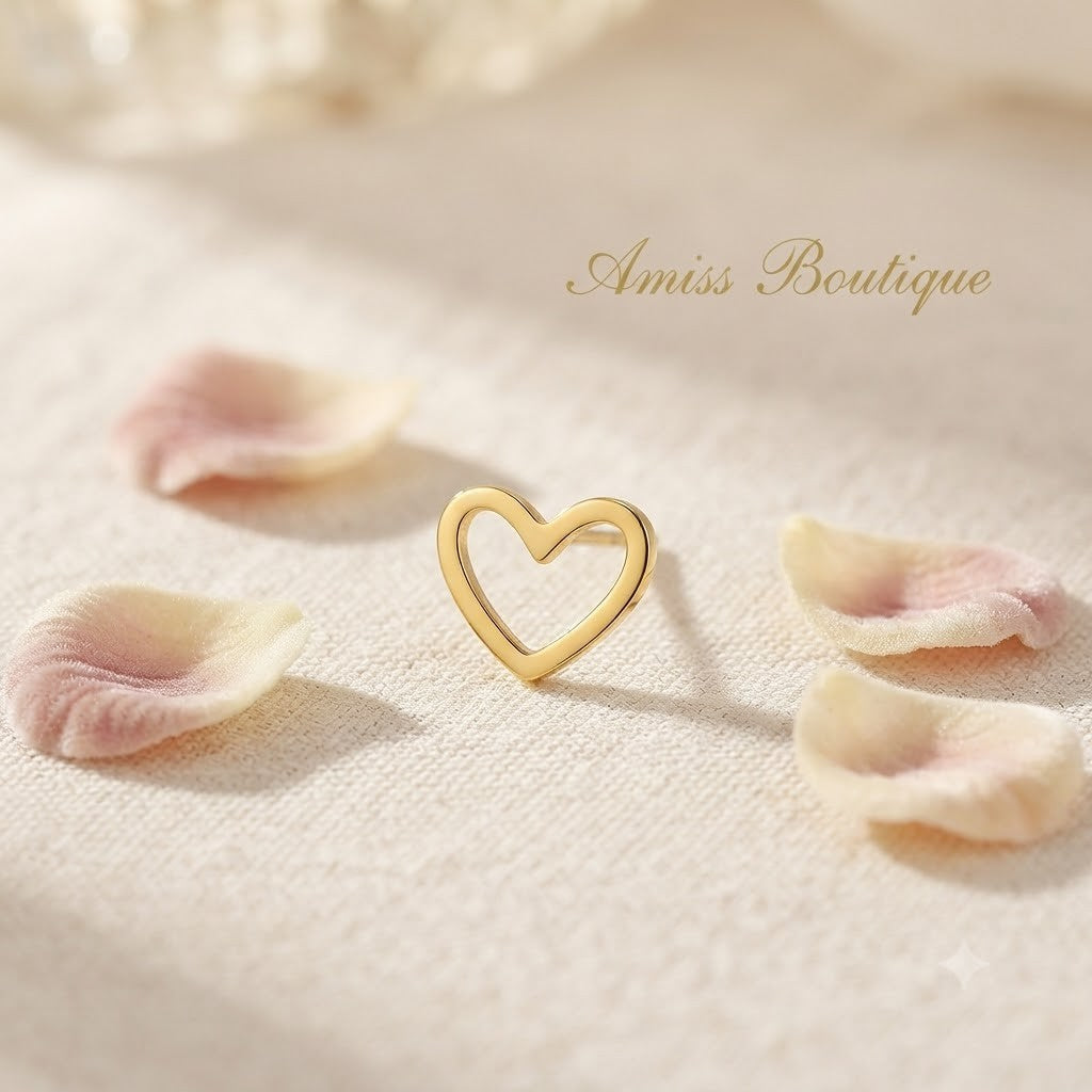 Gold Heart Outline Stud Earrings Open Heart Minimalist Jewellery Gift
