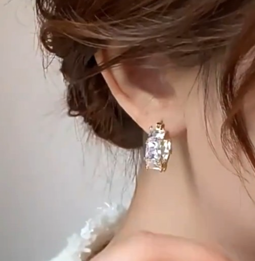 Gold Chunky Hoop Earrings Princess Cut Crystal Square Huggie Bridal Prom Gift