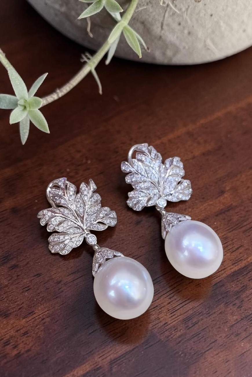 Fan Leaf Drop Earrings Imitation Pearl CZ Micro Pave Silver Tone Women Gift Brid