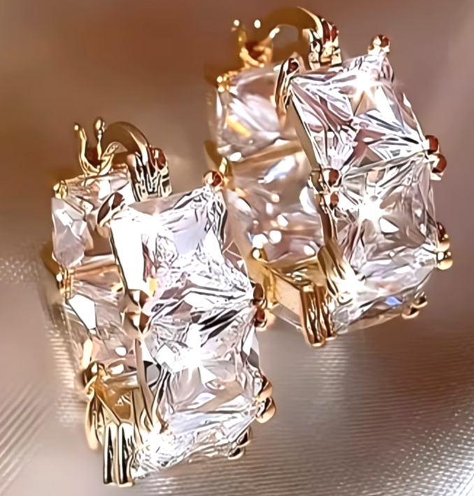 Gold Chunky Hoop Earrings Princess Cut Crystal Square Huggie Bridal Prom Gift