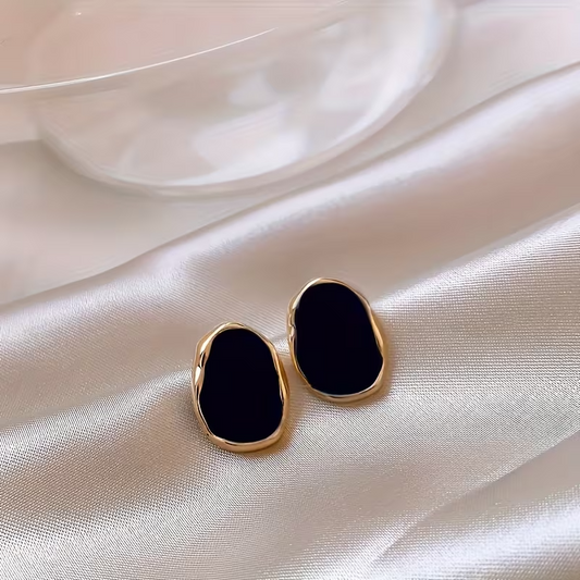 Black Oval Stud Earrings Gold Tone Vintage Geometric Statement Jewellery