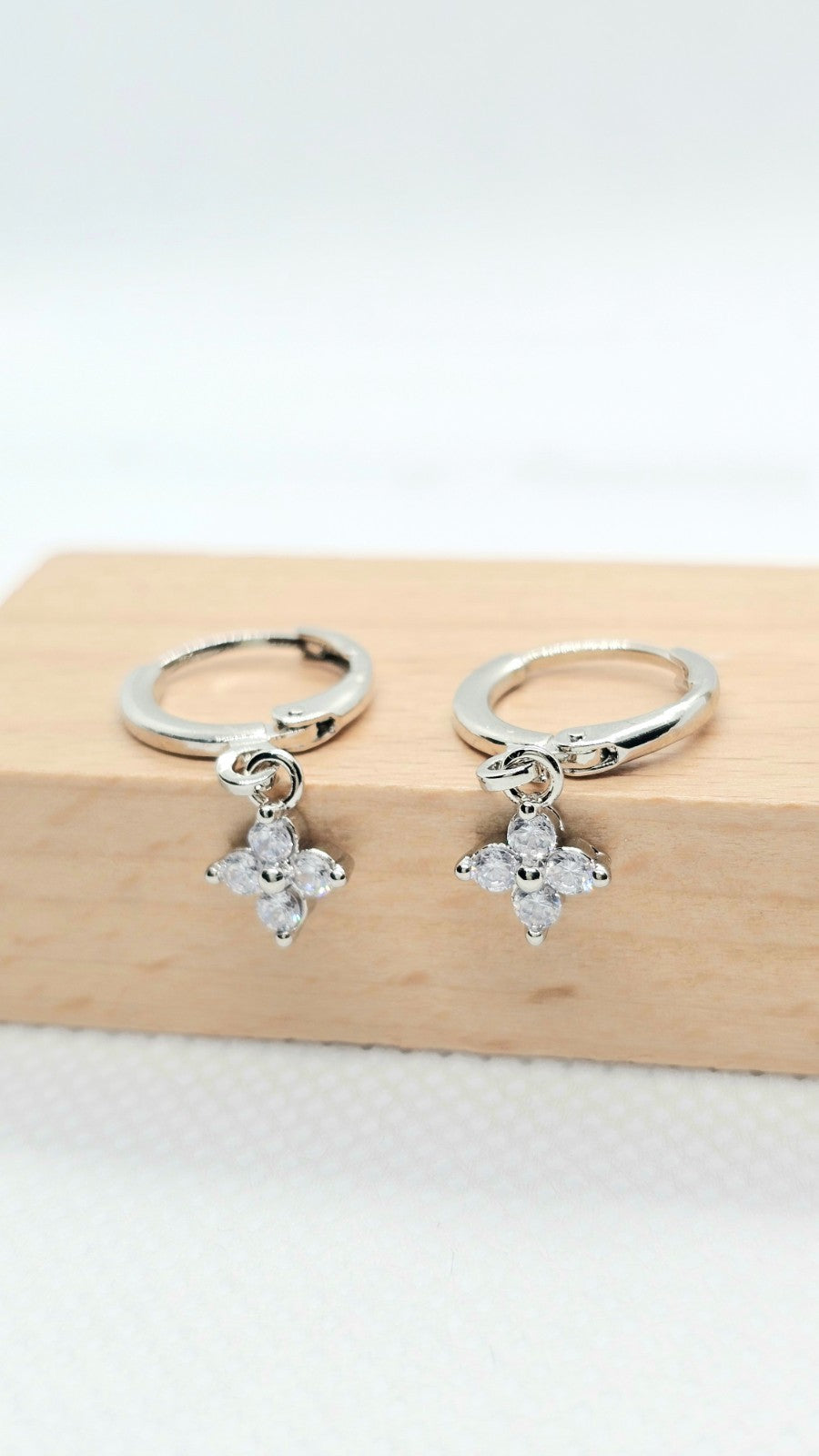 Silver Tone Flower Drop Hoop Earrings Crystal Dangle Floral Earrings Minimalist